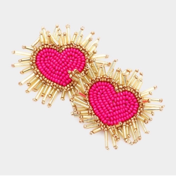 Seed Beaded Funky Felt Back Heart Earrings in Fuchsia - Picture 1 of 5